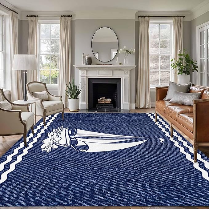 Area Rug 8x10ft, Nautical Sailing Boat on Steel Blue Washable Rugs for Living Room Bedroom, Vintage Water Waves Soft Non-Slip Area Rugs Rectangle Floor Carpet for Dining Room