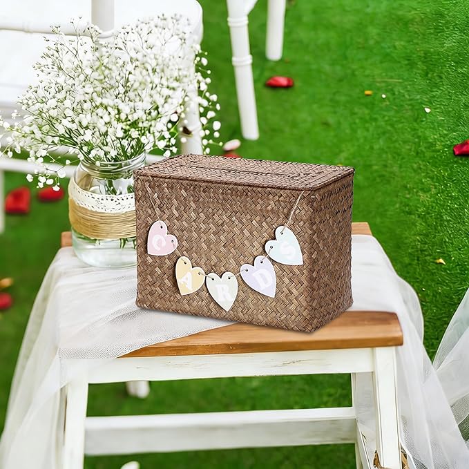 Hipiwe Wedding Card Basket Box Handwoven Wedding Favors Post Boxes with Lid Seagrass Receiving Box Wedding Card Boxes for Birthdays Graduation Ceremonies Party, Coffee Color