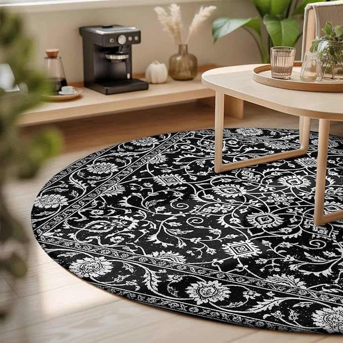 Washable Round Area Rug Paisley Vintage Black Floral Circle Rugs Floor Carpet for Living Room Bedroom, Classic Flower Texture Soft Non Slip Round Rug 3ft