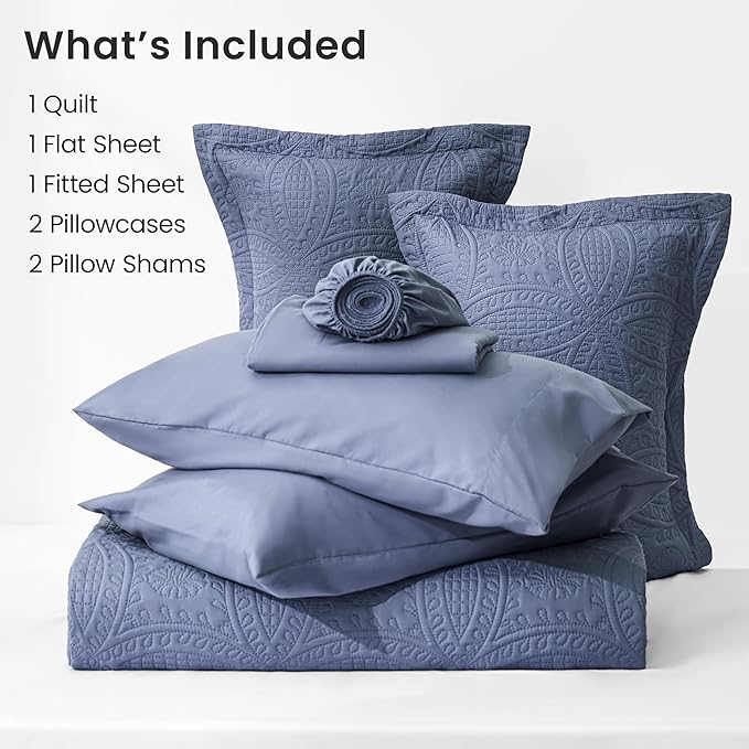 Love's cabin King Quilt Set Bluish Grey, Bed in a Bag King Size Bedding 7 Pcs, Ultrasonic Embossed Coin Pattern Comforter, Lightweight Bedspreads for All Seasons Quilt with Sheets, Pillowcases & Shams