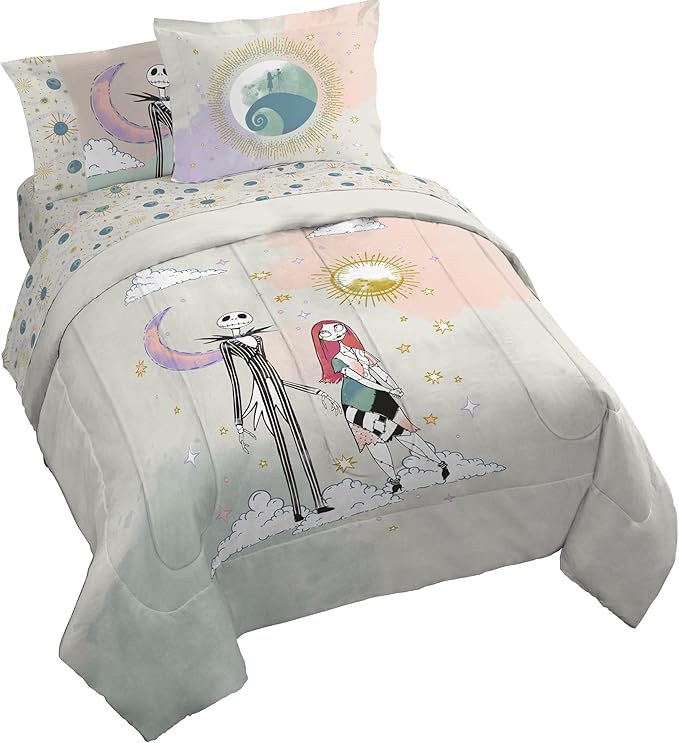 Disney Nightmare Before Christmas Queen Size Comforter Set - 7 Piece Jack and Sally Bedding Includes Sheet Set & Pillow Covers - Super Soft Ombre Bedding