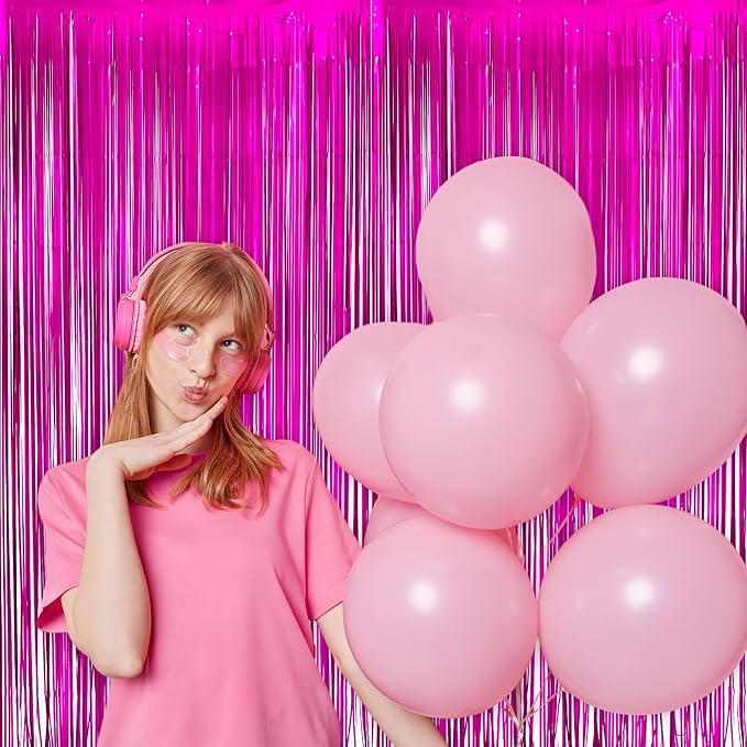 Hot Pink Party Streamers Backdrop - GREATRIL Shiny Fuchsia Tinsel Foil Fringe Curtain for Birthday/Flamingo/Fancy/Galentine/Breast Cancer Awareness Decorations - 3.2ft X 8.2ft - 2 Packs