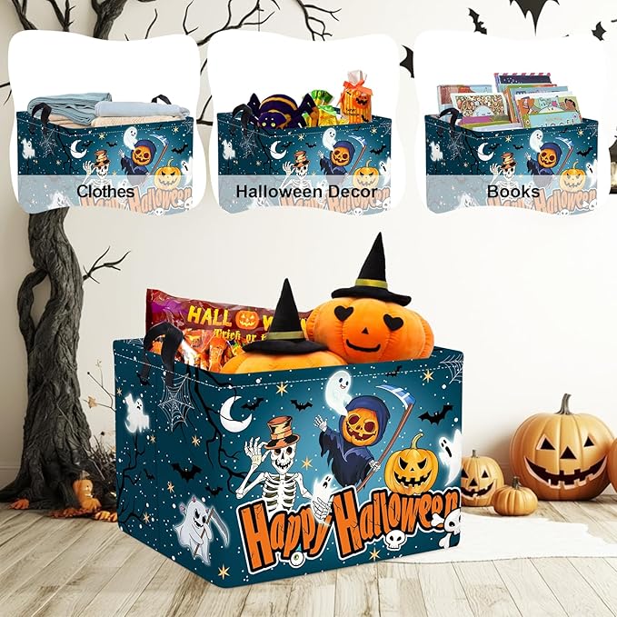 Clastyle Halloween Pumpkin Storage Basket Kid Spooky Book Gift Basket Empty Outdoor Graveyard Jack-o-lantern Boo Bin Baby Nursery Clothes Hamper Toy Box,Skeleton,40*30*30 cm