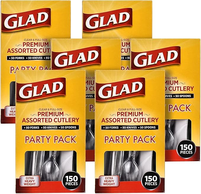 Glad Clear Disposable Cutlery Set with Heavy Duty Plastic Forks, Knives, and Spoons, Reusable Dishwasher Safe Plastic Utensils for Parties and Everyday Use, 150 Count - 6 Pack