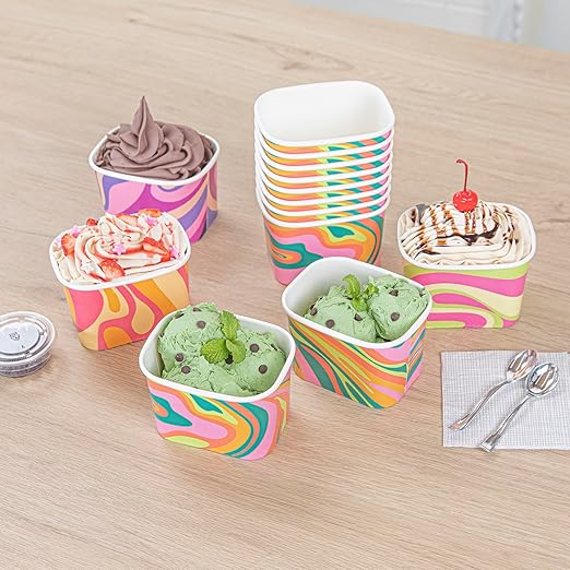 Coppetta 12 Ounce Dessert Cups, 200 Greaseproof Ice Cream Cups - Lids Sold Separately, For Hot And Cold Foods, Psychedelic Sunrise Paper Yogurt Bowls, Disposable, Sturdy - Restaurantware