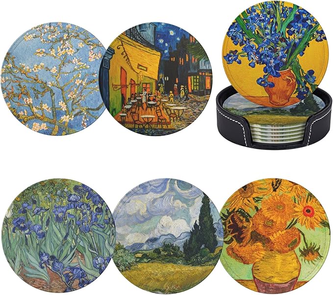 Van Gogh Art Leather Drinks Coasters with Holder, Set of 6, Suitable for Various Cups