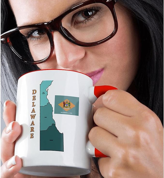 3dRose Map and flag of Delaware with counties labeled and colored. 11oz Two-Tone Red Mug