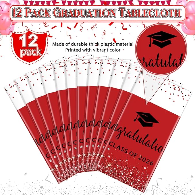 12 Pack Class of 2026 Graduation Tablecloths,Foil Dot Plastic Disposable Rectangle Table Covers for 2026 High School University College Graduation Party Decorations,108*54 Inch (Red and Black)