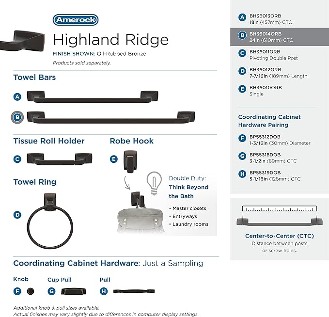 Amerock BH36014ORB | Oil Rubbed Bronze Towel Bar | 24 in (610 mm) Towel Rack | Highland Ridge | Bathroom Towel Holder | Bathroom Hardware | Bath Accessories