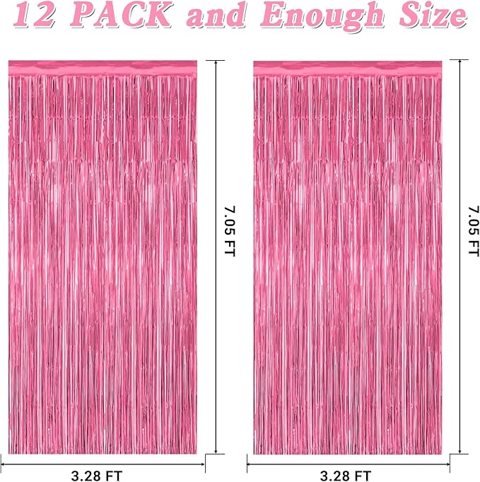 ZATAYE 12 Pack Pink Backdrop, 3.28 FT x 7.05 FT Foil Fringe Curtains, Metallic Pink Tinsel Curtain Party Streamer Birthday Backdrop for Girl, Valentines Day Decorations Bachelorette Party Supplies