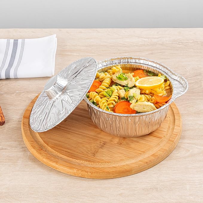 Foil Lux 34 Ounce Pans And Lids, 10 Disposable Pots With Lids - Oven-Ready, Stove Compatible, Aluminum Foil Baking Pans, Freezable, For Outdoor Camping, Vacation, Picnic, And More - Restaurantware