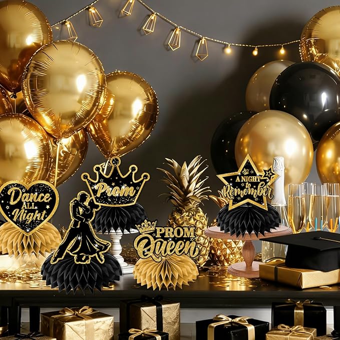 Prom Decorations 2026 Honeycomb Centerppieces, 12Pcs Black and Gold Prom Centerpieces for Table Prom Night Table Decorations High School College Graduation Celebration Prom Party Favors