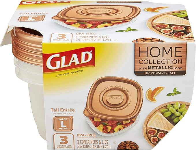 Glad GladWare Home Collection Tall Entree Food Storage Containers with Copper Metallic Lids, Large Square No BPA Plastic for Meal Prep and Lunches, Lock Tight Seal, 42 Oz, 3 Count - 6 Pack