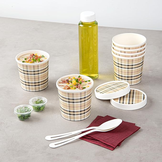 Restaurantware Bio Tek 12 Ounce Soup Containers 200 Durable Soup Bowls - Disposable Sustainable Plaid Print Paper Soup Cups Round For Hot Or Cold Foods