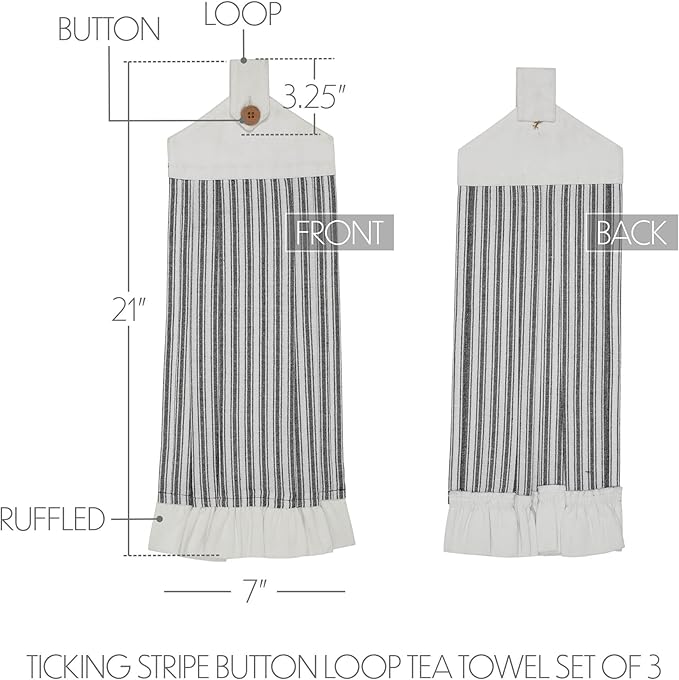 VHC Brands Cotton Sawyer Mill Ticking Stripe Button Loop Kitchen Towel Set of 3, Hanging, Pleated, Bath, Kitchen, Sawyer Mill Black Collection, Country