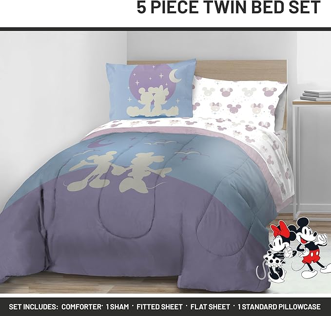 Disney Mickey Mouse & Minnie Mouse Twin Size Comforter Set - 5 Piece Bedding Includes Sheet Set & Pillow Covers - Super Soft Cozy Bedding