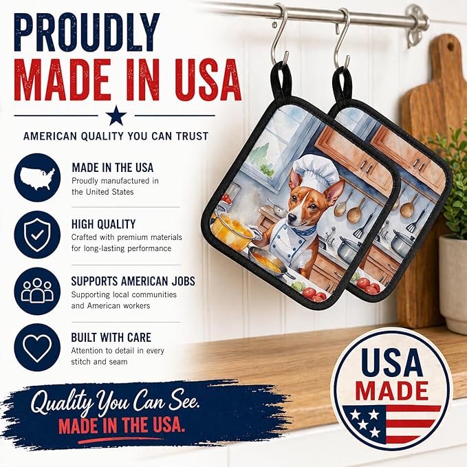 Caroline's Treasures Basenji The Chef Pair of Pot Holders Kitchen Heat Resistant Pot Holders Sets Oven Hot Pads for Cooking Baking BBQ, 7 1/2 x 7 1/2