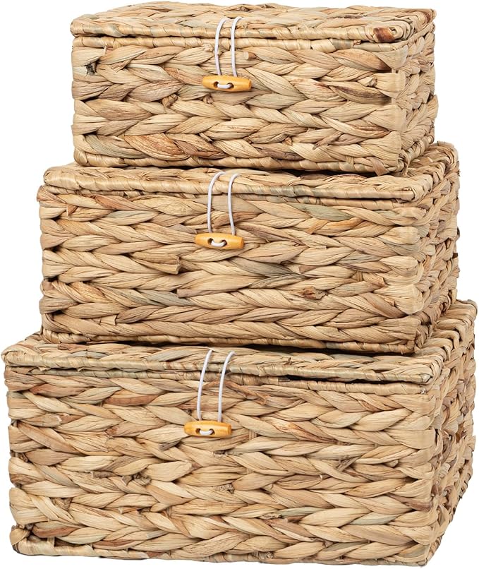 Handwoven Wicker Baskets Decorative Storage Boxes with Lids Set of 3, Natural Water Hyacinth, Nesting Organizer Boxes for Closet, Shelf, Home Decor