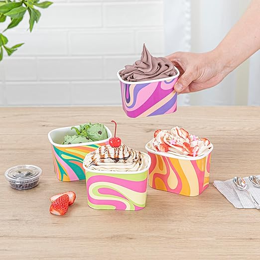 Restaurantware Paper Cups 200 Count 12 Ounce Square Disposable Ice Cream Containers, Leak-Resistant Paper Dessert To Go Cups, Hot And Cold Food, Durable Assorted Groovy Design