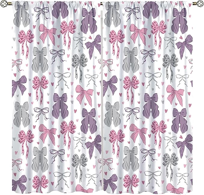 Bowknot Blackout Curtain,Kids Girls Cute Bow Tie Print Pink Purple Window Curtains for Dining Room Living Room Kitchen Cafe Bedroom Office Nursery Drapes Decor,42x45 in