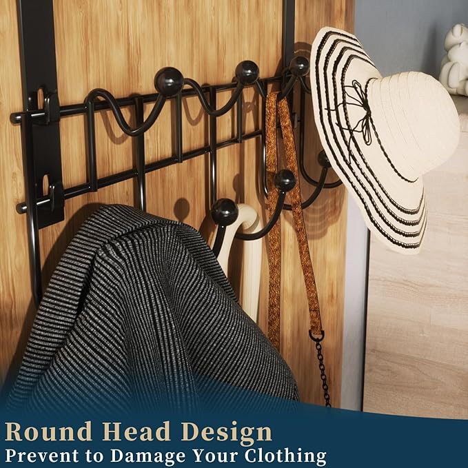 Consumest Over The Door Hooks Organizer - Extra Long Door Hanger with 9 Coat Hooks & 2 Mesh Basket, Back Storage Organizer Hanging Towels for Bathroom, Bedroom, Black (for 1.76 in Doors)
