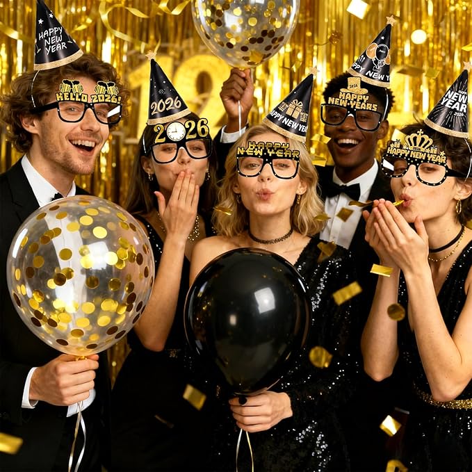 Happy New Year Party Decoration, 2026 Foil Balloon Banner and Curtains Photography Backdrops, Photo Booth Props Hats Paper Glasses Party Decorations for New Years Eve Party Supplies