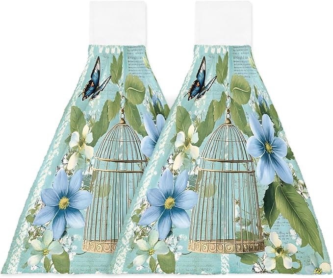 Alandar Home Kitchen Tie Towel Set of 2, Summer Flower Leaf Birdcage Absorbent Soft Hand Towels for Bathroom Hanging Towels, Retro Watercolor Butterfly Plant Fast Drying Cleaning Cloth with Loop