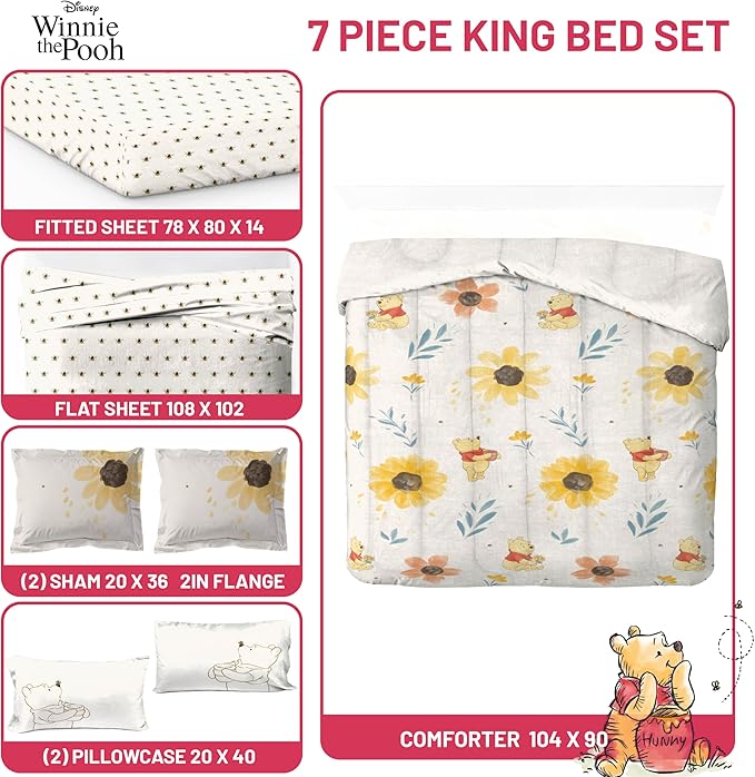 Jay Franco Disney Winnie The Pooh King Comforter Set - 7 Piece Bedding Includes Sheet Set & Pillow Covers - Super Soft Cozy Floral Bedding