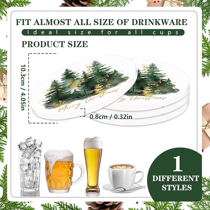 JarThenaAMCS 4Pcs Christmas Coasters Round Ceramic Drink Coaster Watercolor Xmas Pine Tree Cup Mat for Mugs Home Kitchen Farmhouse Table Protection