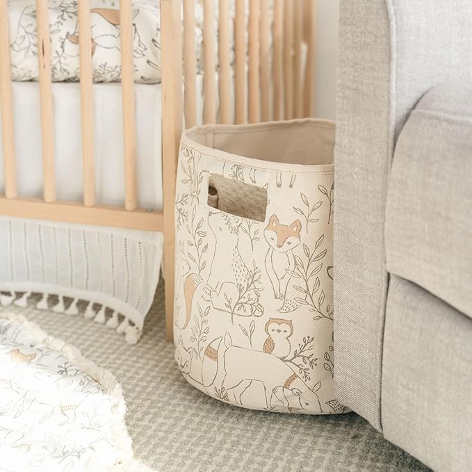 Crane Baby Woodland Nursery Basket, Animal Nursery Decor, Fabric Storage Bin, Collapsible Forest Decor, Hamper with Handles for Toys, Laundry, and Baby Items (Pack of 6)