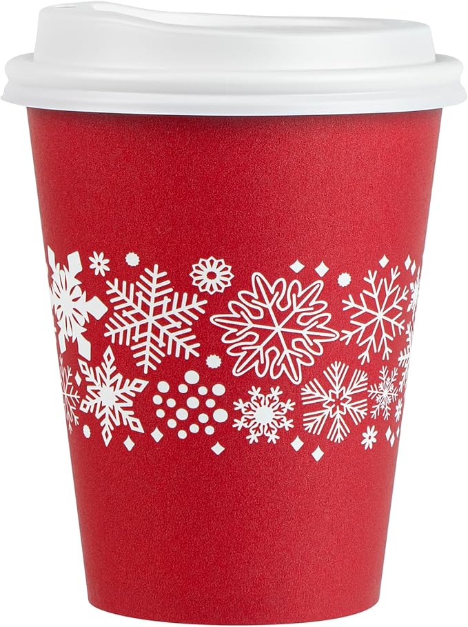 Restaurantware-Restpresso 12 Ounce Disposable Drinking Cups, 20 Hot Cups With Plastic Lids - Snowflake Design, Rolled Rim, Red Paper Coffee Cups, For Christmas Parties, Serve Hot And Cold Drinks