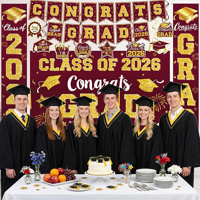 Graduation Decorations Class of 2026 - Maroon and Gold Graduation Party Supplies Include Backdrop, Banner, Hanging Swirls, Porch Sign, Balloons for Congrats Grad Decorations