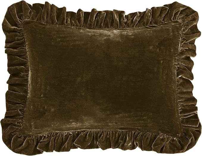HiEnd Accents Stella Faux Silk Velvet Oblong Pillow, 16x21 inch, Green Ochre, Romantic Western Modern Traditional Style Luxury Bedding, Decorative Throw Pillow