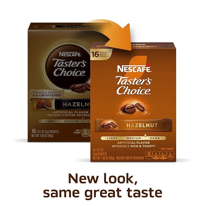 NESCAFÉ Taster's Choice, Instant Coffee Packets, Hazelnut Flavored Coffee, 8 Boxes (128 Packets)