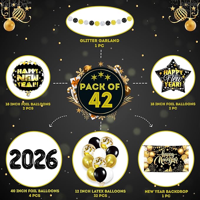 KatchOn, New Years Eve Party Supplies 2026 Set - Pack of 42 | Black and Gold New Year Banner | New Year Foil Balloons | New Years Eve Balloon Arch Kit | Nye Decorations 2026 | New Years Eve Party Kit
