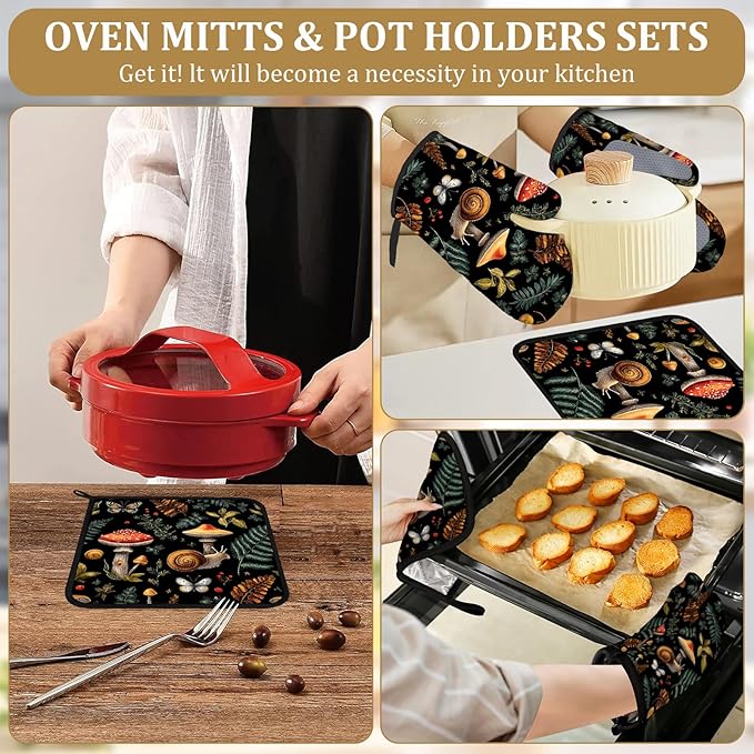 Black Mushroom Snail Oven Mitts and Pot Holders Sets 4Pcs Cute Plants Silicone Kitchen Gloves Heat Resistant Potholders for Baking Cooking Grilling BBQ
