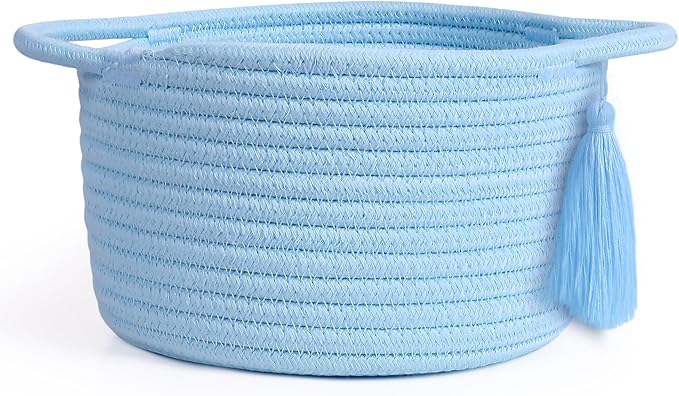 Small Gift Basket Empty – SweetMemo Small Woven Rope Baskets for Teen Girl Gifting, Baby Shower, Desk, Makeup, Bathroom, Vanity– Little Decorative Bin with Gift Bag & Ribbon – Light Blue
