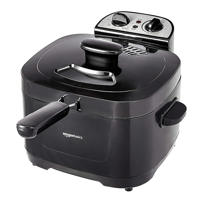 Amazon Basics 2.1-Qt (2.0L) Electric Deep Fryer with 8-Cup Oil Capacity, Adjustable Temperature Control, Timer, Easy Draining Removable Basket, Viewing Window, 1500W, Black