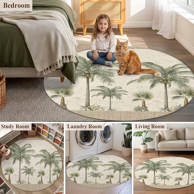 Washable Round Area Rug Coastal Tropical Olive Green Palm Trees Circle Rugs Floor Carpet for Living Room Bedroom, Classic Retro Linen Soft Non Slip Round Rug 3ft