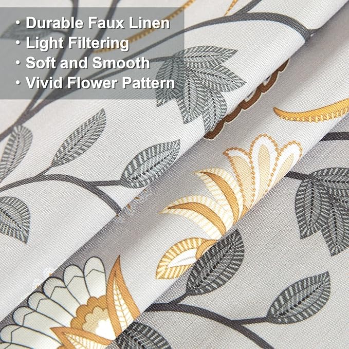 Leeva Tie Up Valances for Windows, Grey Flower Print Adjustable Short Window Treatments, Light Filtering Kitchen Curtains Valances for Living Room Bedroom, 52 x 18, One Panel