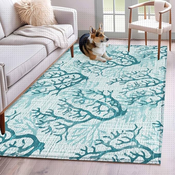 Area Rug 4x6ft, Coastal Sea Coral Retro Linen Washable Rugs for Living Room Bedroom, Underwater Ocean Life Soft Non-Slip Area Rugs Rectangle Floor Carpet for Dining Room