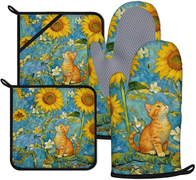 Cute Sunflower Cat Oven Mitts and Pot Holders Sets 4Pcs Animal Floral Silicone Kitchen Gloves Heat Resistant Potholders for Baking Cooking Grilling BBQ