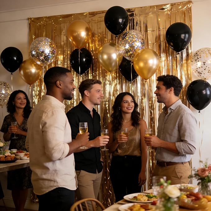 Gold Party Backdrop Kit – 2 Pack Gold Foil “Shower” Curtains with Balloons & Garland Accessories for Birthdays, Festivals, New Year’s Party
