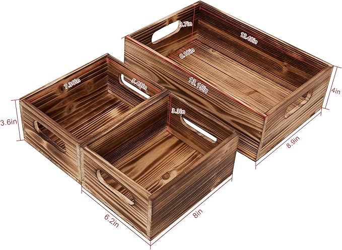 PHOENANCEE Wooden Crate Stackable Decorative Wood Crates set of 3 for Storage Display Rustic Nesting Box Basket Home Decoration Boxes Container Bin with Handles Farmhouse Decor,Solid Pine,L+M+S