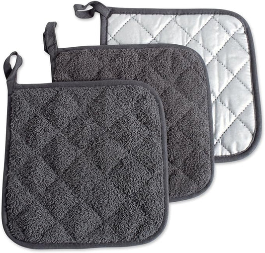 DII Basic Terry Collection Quilted 100% Cotton, Potholder, Mineral Gray, 3 Piece