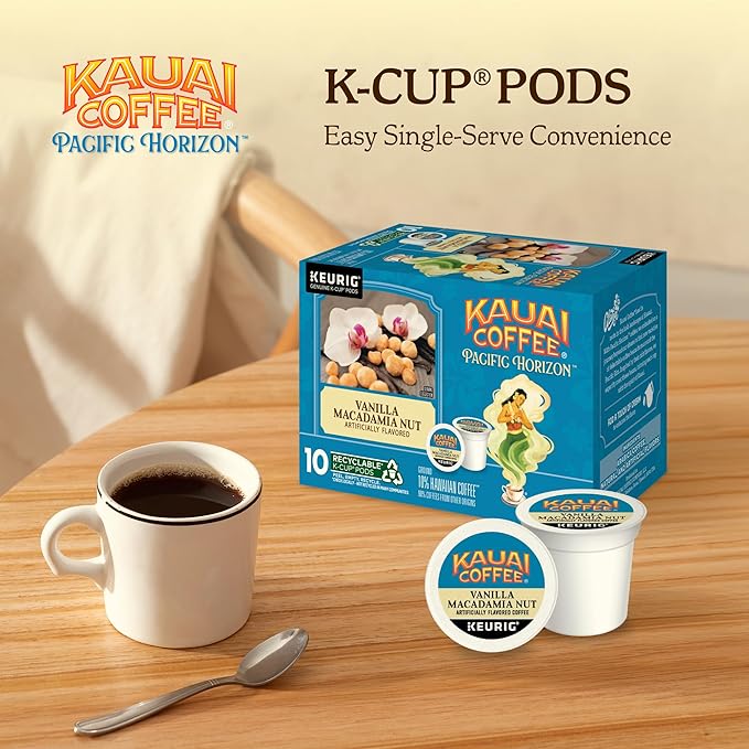 Kauai Coffee K-Cup Pods for Keurig Brewers – Arabica Coffee, 10% Hawaiian – Medium Roast, Vanilla Beans with Toasted Macabamia Nuts – Vanilla Macadamia Nut, 6 Packs of 10 Single Serve K-Cups