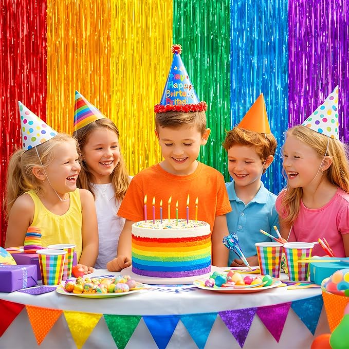 Rainbow Birthday Decorations - Rainbow Tinsel Streamers Backdrop Banner | Colorful Rainbow Party Favors Supplies Decorations Indoor Outdoor - Streamers Party Decorations for Wall Door, 2 Pack