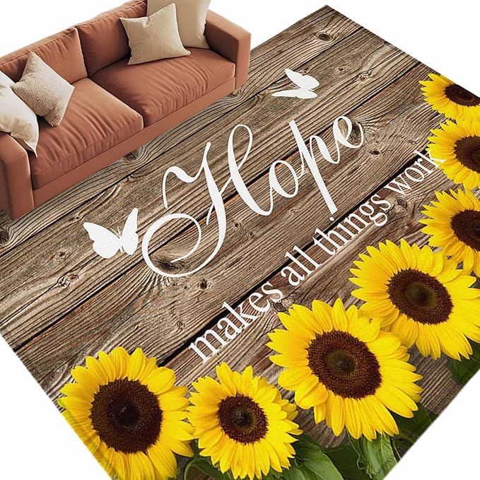 Area Rug 6x9ft, Farm Sunflower Positive Energy Quote Washable Rugs for Living Room Bedroom, Retro Dark Brown Wood Grain Soft Non-Slip Area Rugs Rectangle Floor Carpet for Dining Room