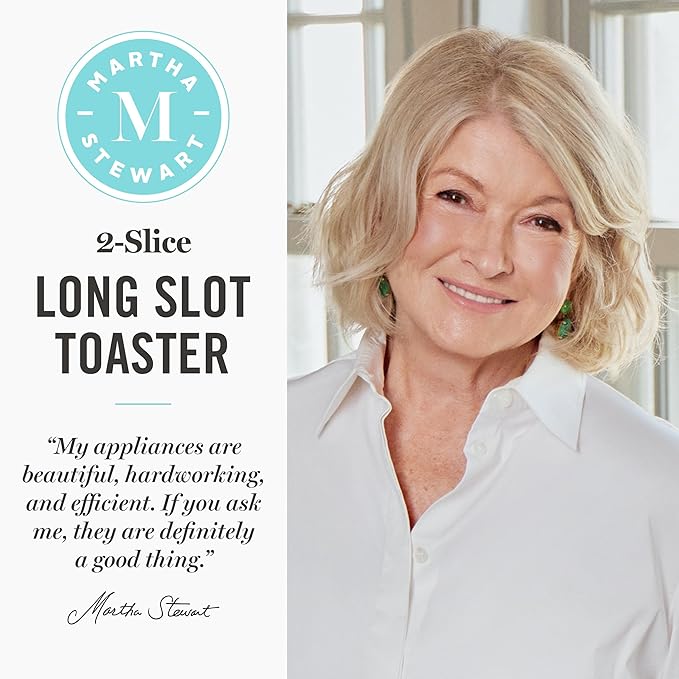 Martha Stewart 2 Slice Long Slot Toaster, Extra Wide for Sourdough & Bagels, 10 Setting Shade Control, Removable Crumb Tray, Self-Centering Design, Defrost/Reheat, Cancel, Slim Space-Saving, Honeydew