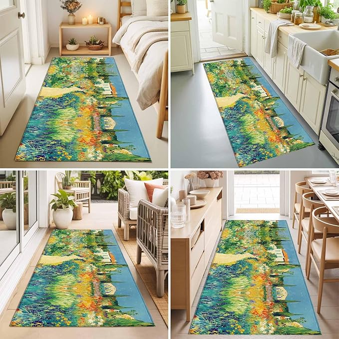 Runner Rug for Bedroom Hallway, Pastoral Floral Pink Yellow Flower Green Leaves Kitchen Runner Rugs Area Rug 2x6ft, Farm Plants Washable Soft Floor Carpet for Entryway Stair